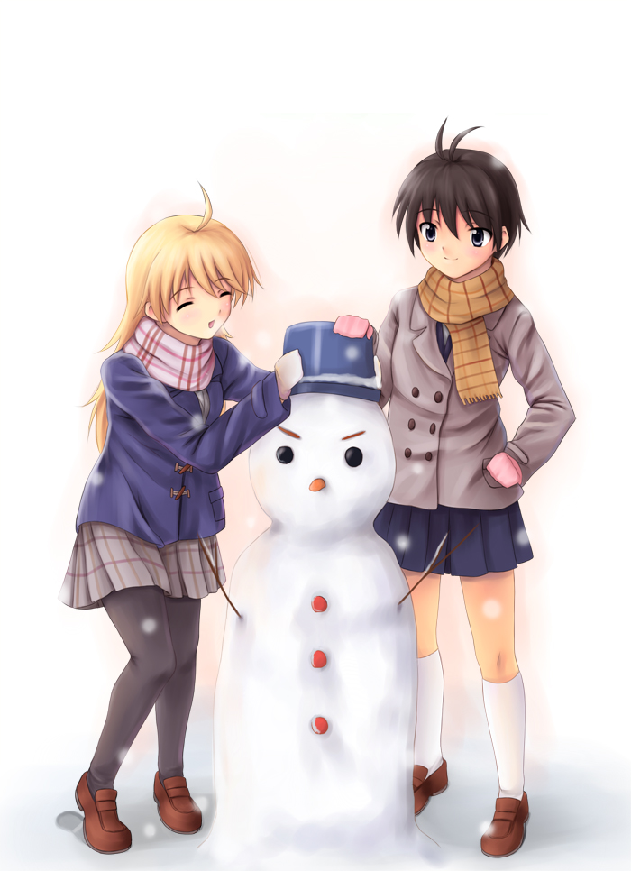 yuki usagi (mofurafu), hoshii miki, kikuchi makoto, idolmaster, idolmaster (classic), idolmaster 1, ^o^, white legwear, bad id, bad pixiv id, 00s, 2girls, ^ ^, ahoge, antenna hair, black socks, blonde hair, brown hair, bucket, closed eyes, fringe trim, full body, kneehighs, loafers, mittens, multiple girls, outdoors, pantyhose, plaid clothes, plaid scarf, plaid skirt, pleated skirt, scarf, shoes, skirt, snowing, snowman, socks, standing, winter