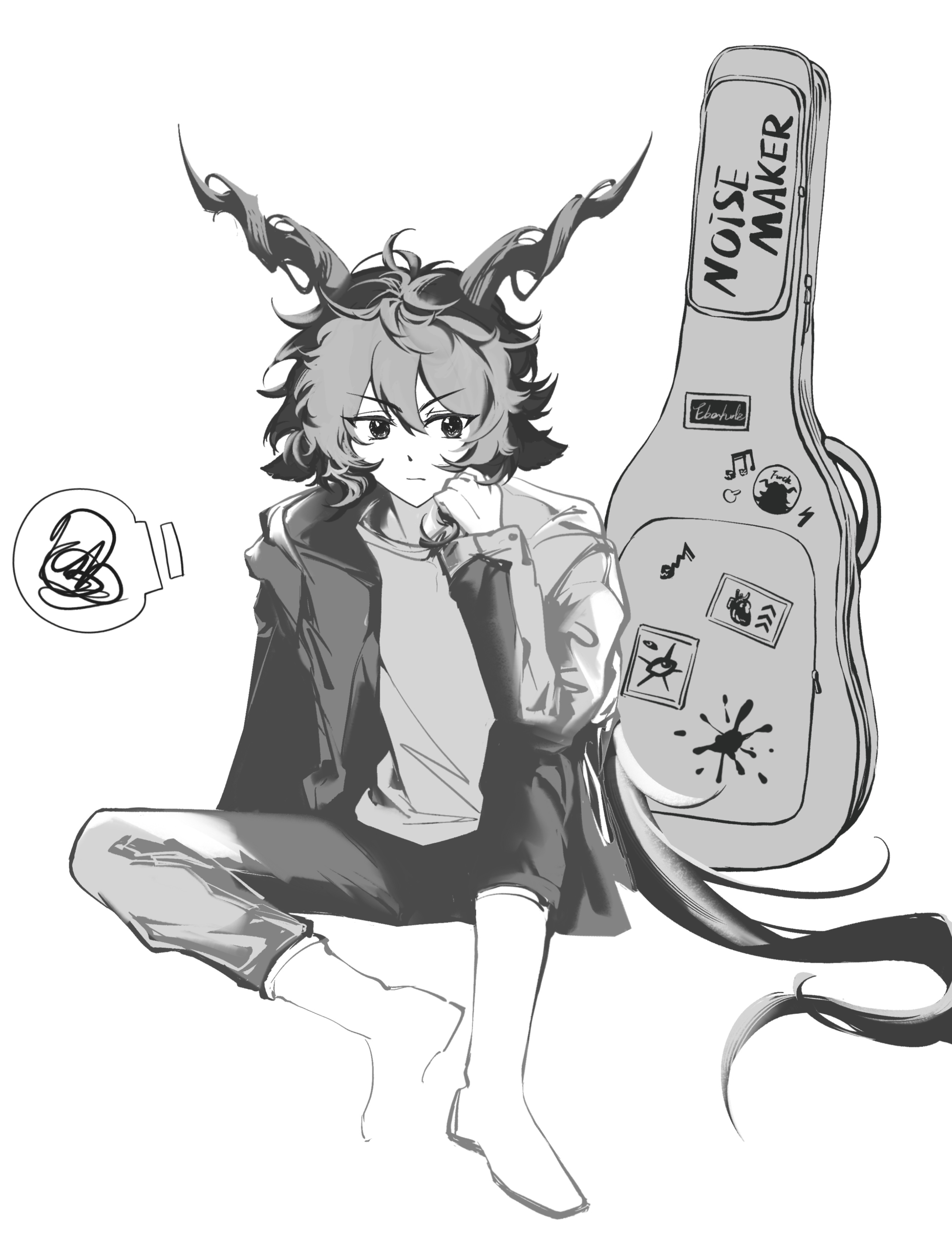 ebenholz (arknights), arknights, absurdres, chinese commentary, commentary request, highres, 1boy, animal ears, closed mouth, full body, greyscale, hair between eyes, horns, instrument case, jacket, long hair, long sleeves, male focus, monochrome, open clothes, open jacket, pants, sitting, sketch, solo, very long hair, xianyao068