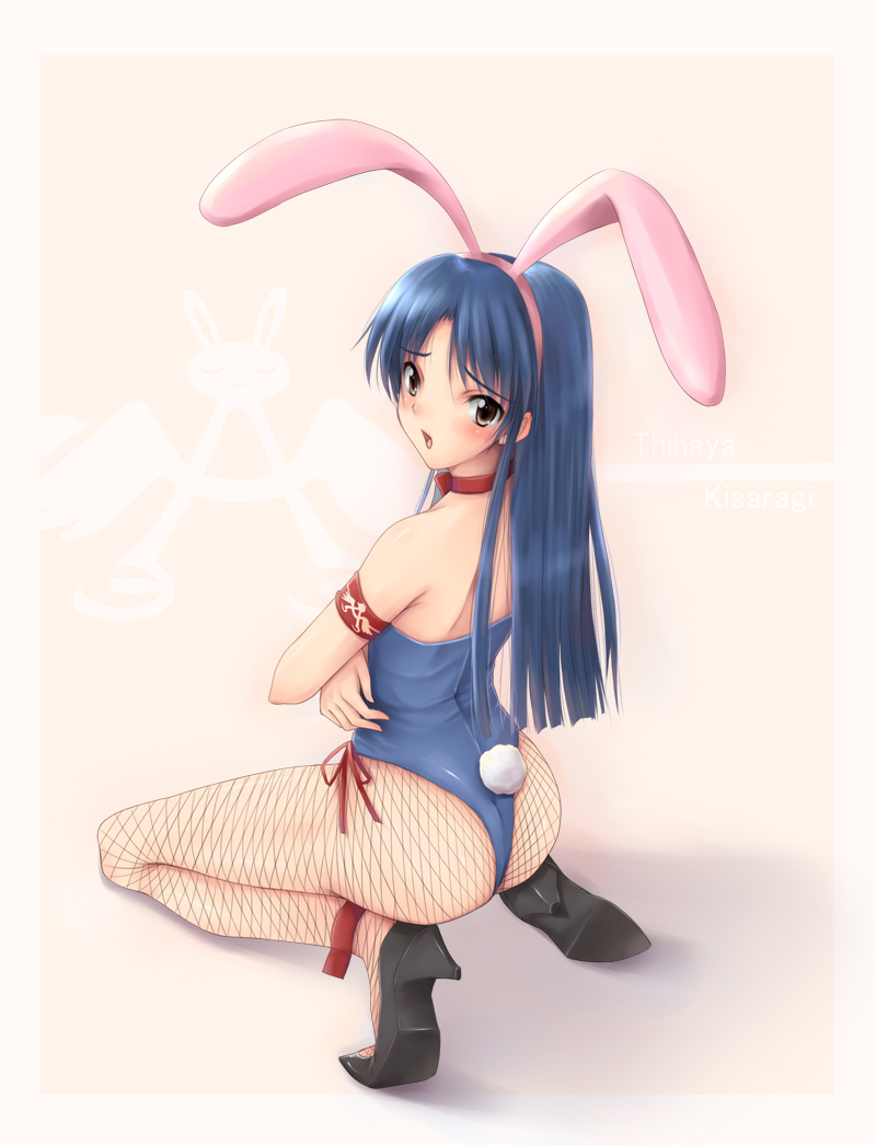 yuki usagi (mofurafu), kisaragi chihaya, idolmaster, idolmaster (classic), idolmaster 1, bad id, bad pixiv id, 00s, animal ears, ass, fake animal ears, fishnet pantyhose, fishnets, legs, leotard, pantyhose, playboy bunny, rabbit ears, solo