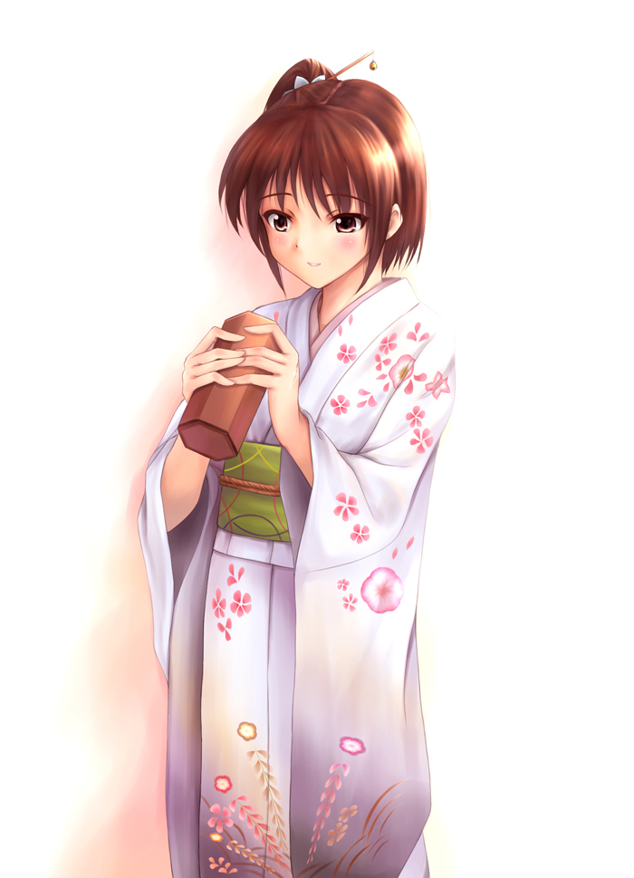 yuki usagi (mofurafu), original, bad id, bad pixiv id, 1girl, blush, brown eyes, brown hair, female focus, floral print, furisode, hair ornament, hair stick, holding, japanese clothes, kimono, long sleeves, looking down, obi, one side up, print kimono, sash, short hair, simple background, smile, solo, standing, wide sleeves, yukata
