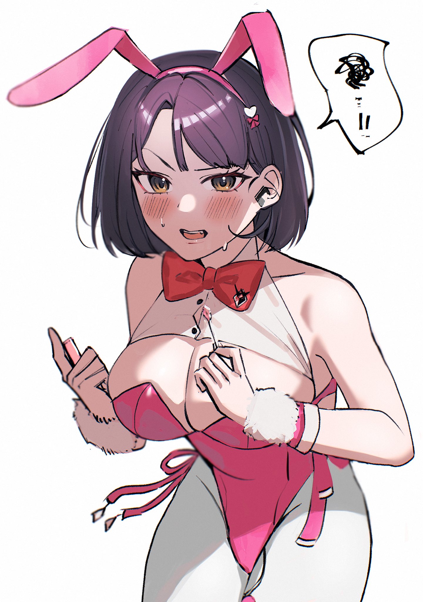 nasubin bin, milk (blooming bunny) (nikke), milk (nikke), goddess of victory: nikke, highres, 1girl, animal ears, black hair, blush, bow, bowtie, breasts, brown eyes, cleavage, earpiece, fake animal ears, holding, large breasts, leotard, lipgloss, lipgloss tube, looking at viewer, medium hair, official alternate costume, open mouth, pantyhose, pink bow, pink bowtie, pink leotard, playboy bunny, rabbit ears, simple background, solo, sweat, sweatdrop, teeth, upper teeth only, white background, white pantyhose