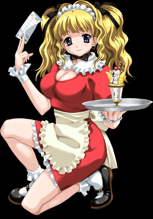 happoubi jin, tsukushino mitsugu, boin, boin lecture, game cg, 00s, 1girl, apron, arm up, ass, black background, blonde hair, blue eyes, blush, bobby socks, bow, bowtie, breasts, cleavage, closed mouth, dress, facing viewer, female focus, food, frilled apron, frilled skirt, frills, hair ornament, hair ribbon, hair tie, hand up, happy, headdress, holding, holding tray, ice cream, kneeling, large breasts, long hair, looking at viewer, maid, maid apron, maid headdress, mary janes, on one knee, receipt, red dress, ribbon, shoes, simple background, sitting, skirt, smile, socks, solo, sundae, tray, twintails, waitress, wavy hair