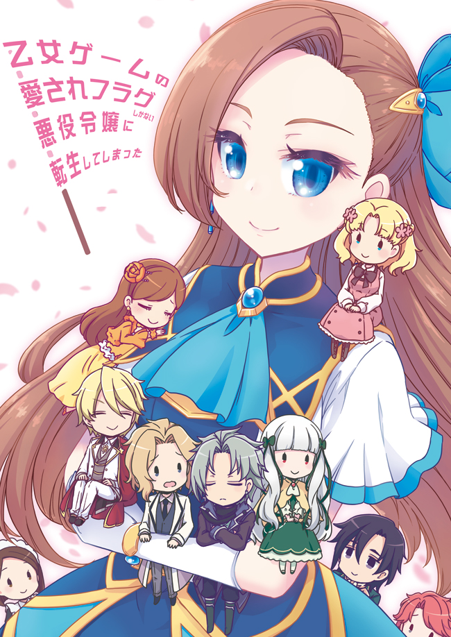 mizuki maya, alan stuart, anne shelley, geordo stuart, katarina claes, keith claes, maria campbell, mary hunt, nicol ascart, raphael wolt, sophia ascart, otome game no hametsu flag shika nai akuyaku reijou ni tensei shite shimatta, commentary request, 5boys, 5girls, ascot, black bow, black bowtie, black hair, black necktie, black vest, blonde hair, blue ascot, blue dress, blue eyes, blunt bangs, bow, bowtie, brown hair, collared shirt, crossed arms, curtained hair, dress, dress shirt, elbow gloves, everyone, flower, flower hairband, frown, gloves, green ribbon, grey eyes, hair ribbon, half updo, holding, holding mini person, jacket, long dress, long hair, mini person, miniboy, minigirl, multiple boys, multiple girls, necktie, open clothes, open jacket, orange flower, orange rose, pants, person on shoulder, pinafore dress, pink dress, pink eyes, raised inner eyebrows, red hair, ribbon, rose, shirt, short hair, short sleeves, sitting, sleeveless, sleeveless dress, v-shaped eyebrows, vest, white gloves, white jacket, white pants, white shirt