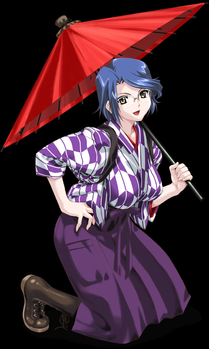 happoubi jin, koromogae touko, bashamichi, boin, boin lecture, game cg, 00s, 1girl, :d, arrow print, black background, blue hair, boots, breasts, collarbone, dress, facing viewer, female focus, glasses, green eyes, hakama, hakama skirt, hand on own hip, happy, holding, holding umbrella, huge breasts, japanese clothes, kimono, kneeling, lace-up boots, large breasts, leaning forward, looking at viewer, oil-paper umbrella, open mouth, over-rim eyewear, pocket, print dress, print kimono, purple hakama, red umbrella, ribbon, semi-rimless eyewear, short hair, simple background, sitting, skirt, smile, solo, tasuki, teacher, tongue, umbrella, yagasuri