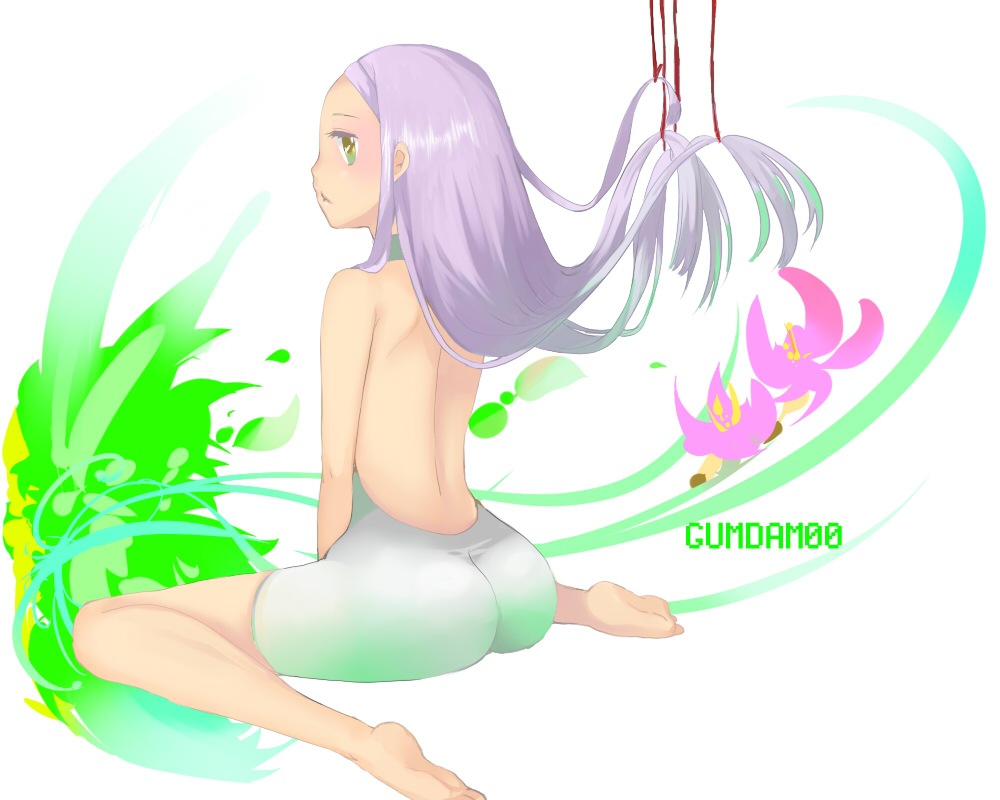 masago (rm-rf), masagomi, soma peries, gundam, gundam 00, 00s, 1girl, ass, barefoot, brown eyes, female focus, from behind, long hair, looking at viewer, looking back, purple hair, shorts, simple background, soles, solo, toes, topless female, white background