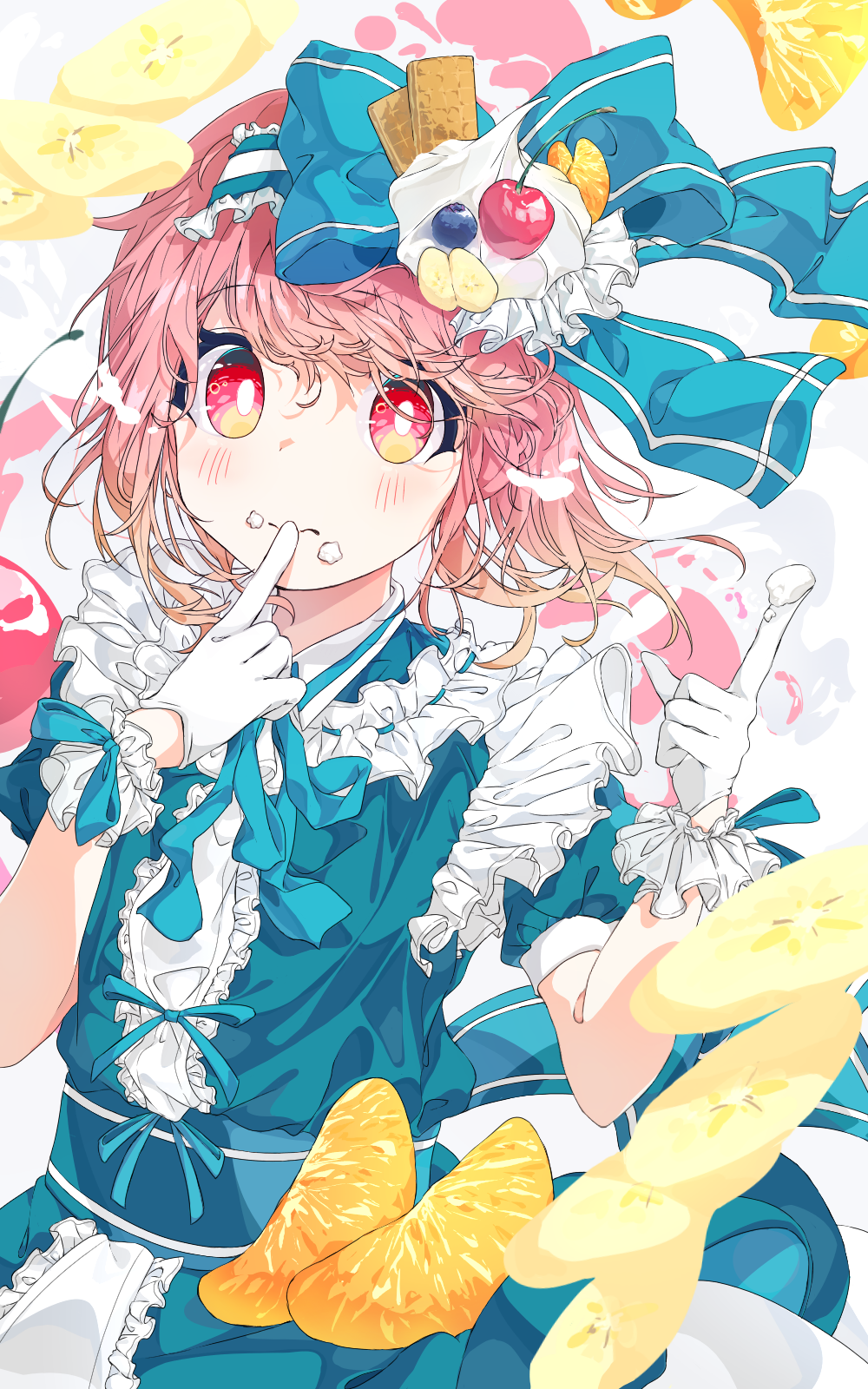 original, highres, 1girl, banana, banana slice, blue dress, bright pupils, cherry, closed mouth, dress, finger to mouth, food, food on face, food on head, frilled dress, frills, fruit, gloves, hair ribbon, kannpoyu, looking at viewer, medium hair, object on head, orange (fruit), orange slice, pink hair, red eyes, ribbon, short sleeves, upper body, whipped cream, white gloves, white pupils