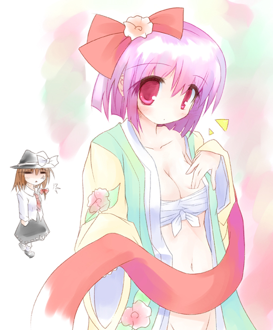 ai takurou, hieda no akyuu, usami renko, ghostly field club, perfect memento in strict sense, touhou, 2girls, bottomless, breasts, cleavage, female focus, hat, heida no akyuu, japanese clothes, medium breasts, multiple girls, no panties, purple hair, red eyes, skirt, white background