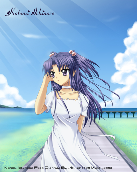 athrun1120, ichinose kotomi, clannad, bad id, bad pixiv id, 00s, 1girl, 2008, artist name, copyright name, dress, female focus, hair bobbles, hair ornament, long hair, purple eyes, purple hair, solo, wind