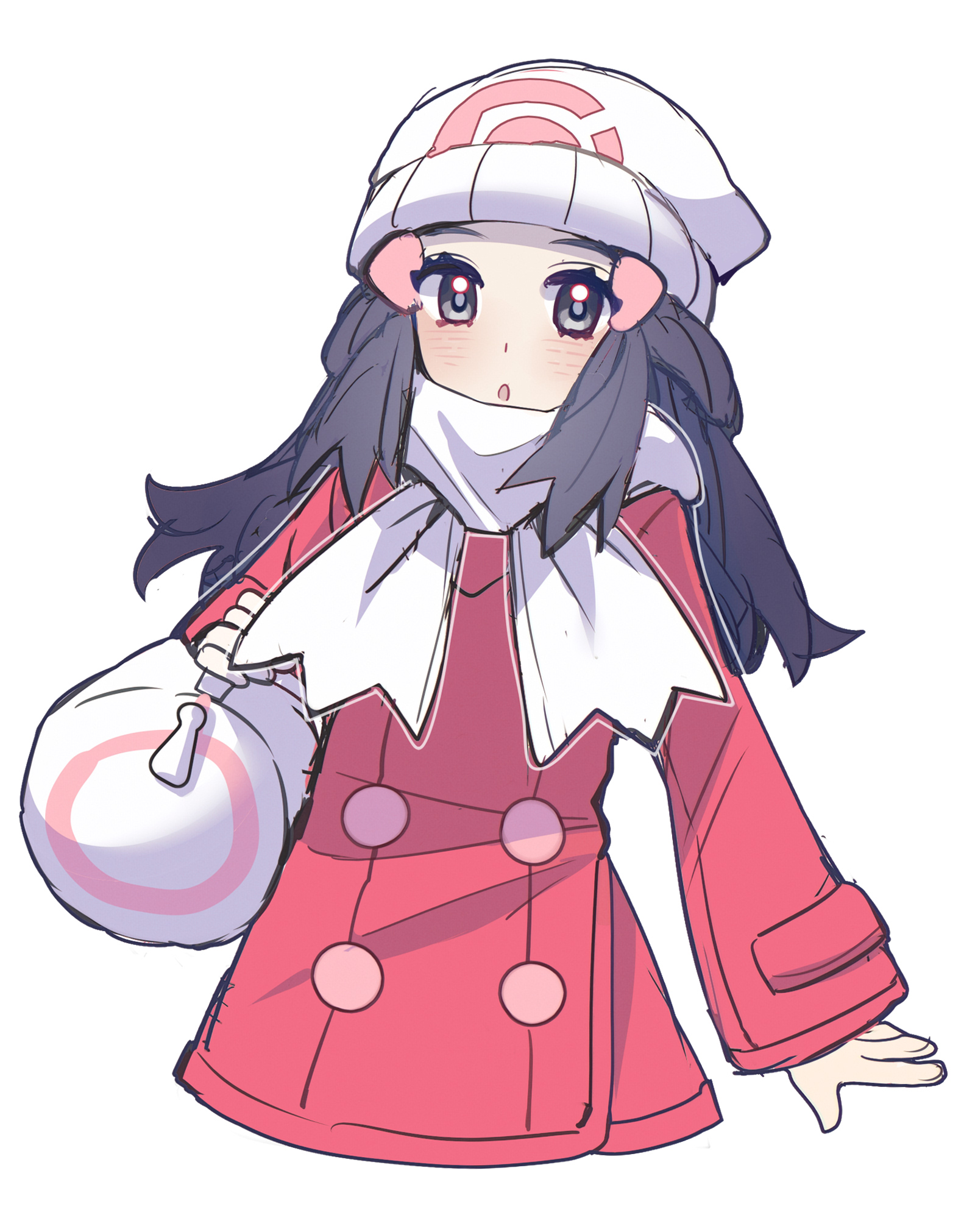 pkm lemon, dawn (pokemon), nintendo, pokemon, pokemon dppt, pokemon platinum, highres, 1girl, bag, beanie, black hair, blue hair, blush, coat, duffel bag, grey eyes, hair ornament, hairclip, hat, long hair, looking at viewer, open mouth, parted lips, poke ball print, red coat, scarf, shoulder bag, simple background, smile, solo, white background, white hat, white scarf