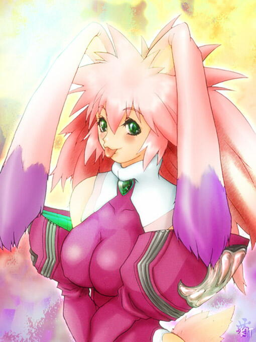 kon-kit, seraphita, seraphita (xenogears), xenogears, 1girl, animal ears, breasts, cleavage, colored bangs, green eyes, hair between eyes, pink hair, rabbit ears, rabbit tail, tail, tongue