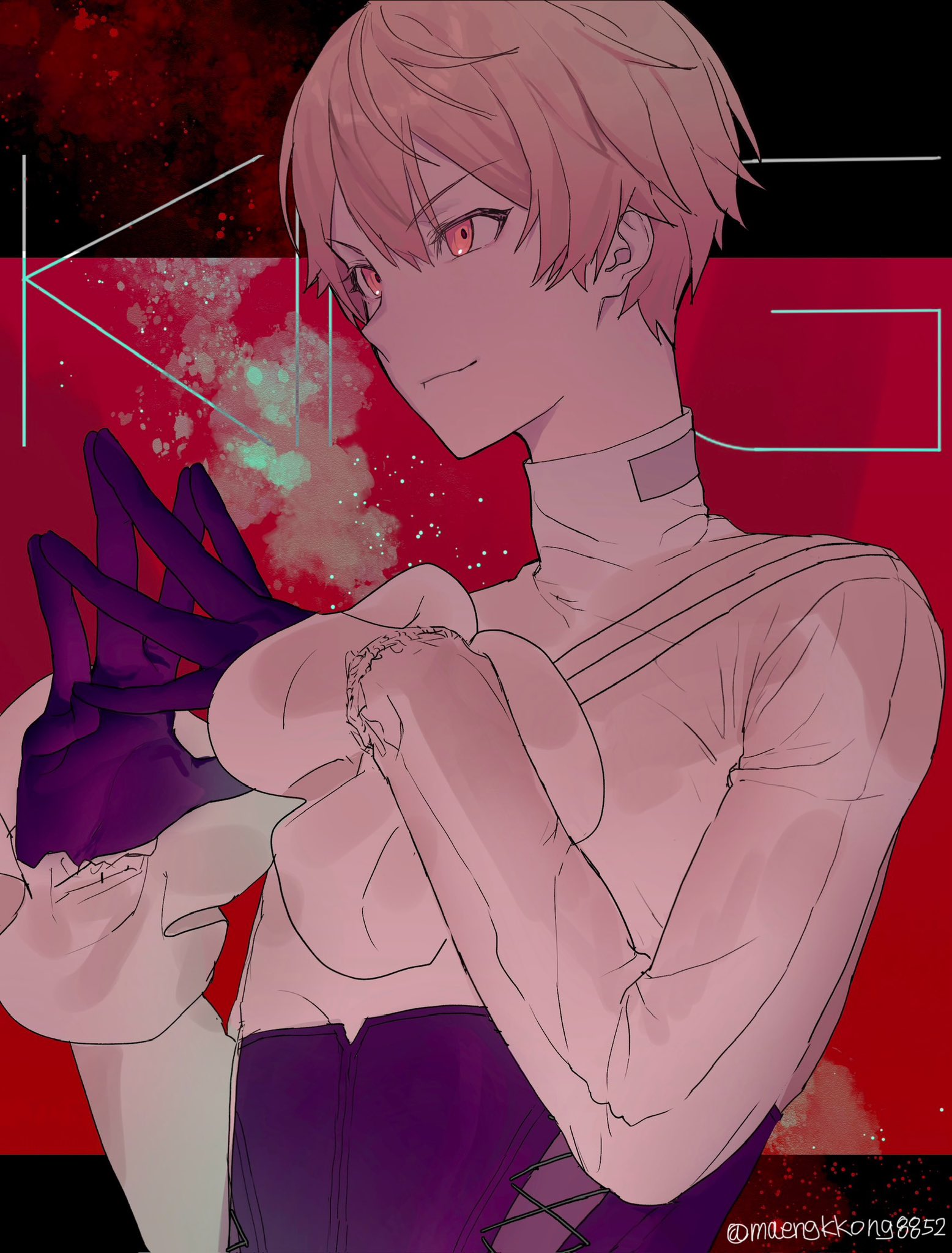 maengkkong8852, tenma tsukasa, project sekai, highres, 1boy, blonde hair, closed mouth, corset, frilled sleeves, frills, gloves, hair between eyes, long sleeves, looking to the side, male focus, orange hair, pink eyes, purple gloves, red background, shirt, short hair, smile, solo, steepled fingers, twitter username, upper body, white shirt
