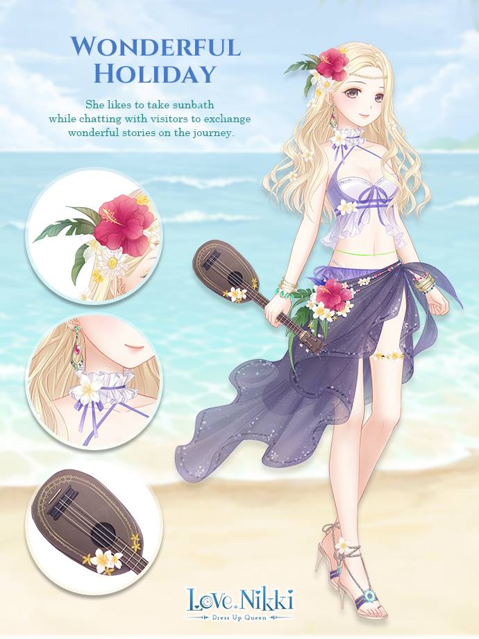 miracle nikki, nikki (series), artist request, official art, 1girl, bare shoulders, bikini, bikini ribbon, blonde hair, blue bikini, blue bow, blue choker, blue sarong, blue sky, bow, bow choker, bracelet, breasts, brown eyes, brown sandals, character name, choker, cleavage, close-up, closed mouth, cloud, copyright name, criss-cross straps, daisy (flower), day, english text, flower, flower thigh strap, frilled choker, frills, full body, gold bracelet, hair flower, hair ornament, headband, hibiscus, high heel sandals, holding, holding instrument, instrument, island, jewelry, light blush, logo, long hair, looking at viewer, medium breasts, multicolored bikini, multiple bracelets, neck flower, ocean, outdoors, palm leaf, pink flower, purple ribbon, ribbon, sandals, sarong, shore, sky, smile, solo, standing, swimsuit, two-tone bikini, ukulele, wavy hair, white bikini, white flower, wonderful holidays (miracle nikki)