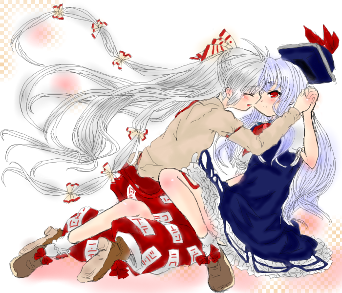 fujiwara no mokou, kamishirasawa keine, touhou, silver hair, 2girls, arms up, blue dress, dress, female focus, hat, holding, interlocked fingers, kiss, long hair, multi-tied hair, multiple girls, pants, puffy short sleeves, puffy sleeves, red eyes, short sleeves, sitting, suspenders, tate eboshi, very long hair, yuri