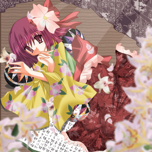 hieda no akyuu, perfect memento in strict sense, touhou, bad id, lowres, 1girl, ball, blurry, bow, closed mouth, female focus, floral print, flower, frilled skirt, frills, hair between eyes, hair bow, hair flower, hair ornament, heida no akyuu, japanese clothes, lily (flower), looking at viewer, lying, obi, petals, purple eyes, purple hair, red bow, sash, scroll, short hair, skirt, solo, unmoving pattern, wide sleeves