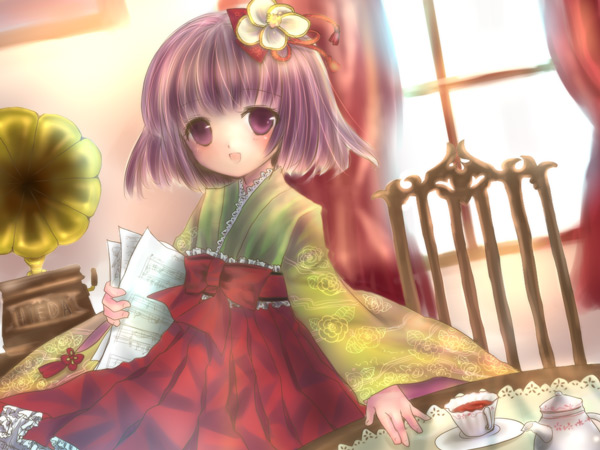 hieda no akyuu, perfect memento in strict sense, touhou, 1girl, :d, bow, chair, cup, female focus, flower, hair flower, hair ornament, hakama, hakama short skirt, hakama skirt, heida no akyuu, japanese clothes, looking at viewer, open mouth, phonograph, purple eyes, purple hair, sheet music, short hair, skirt, smile, solo, tea set, teacup, teapot, wide sleeves, window