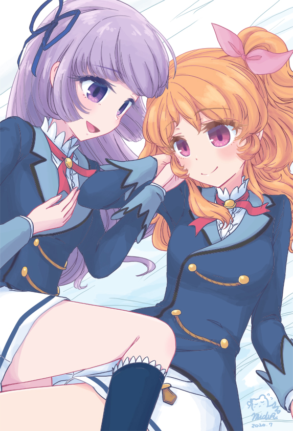 mizuki maya, hikami sumire, ozora akari, aikatsu!, aikatsu! (series), commentary, 2girls, :d, black socks, blue jacket, blunt sidelocks, bow, breasts, buttons, closed mouth, cowboy shot, double-breasted, feet out of frame, hair bow, jacket, kneehighs, long sleeves, looking at another, medium breasts, miniskirt, multiple girls, neck ribbon, one side up, open mouth, orange hair, pink bow, pink eyes, pleated skirt, purple eyes, purple hair, red ribbon, ribbon, school uniform, shirt, sidelocks, signature, skirt, smile, socks, split mouth, starlight academy school uniform, white shirt, white skirt, winter uniform