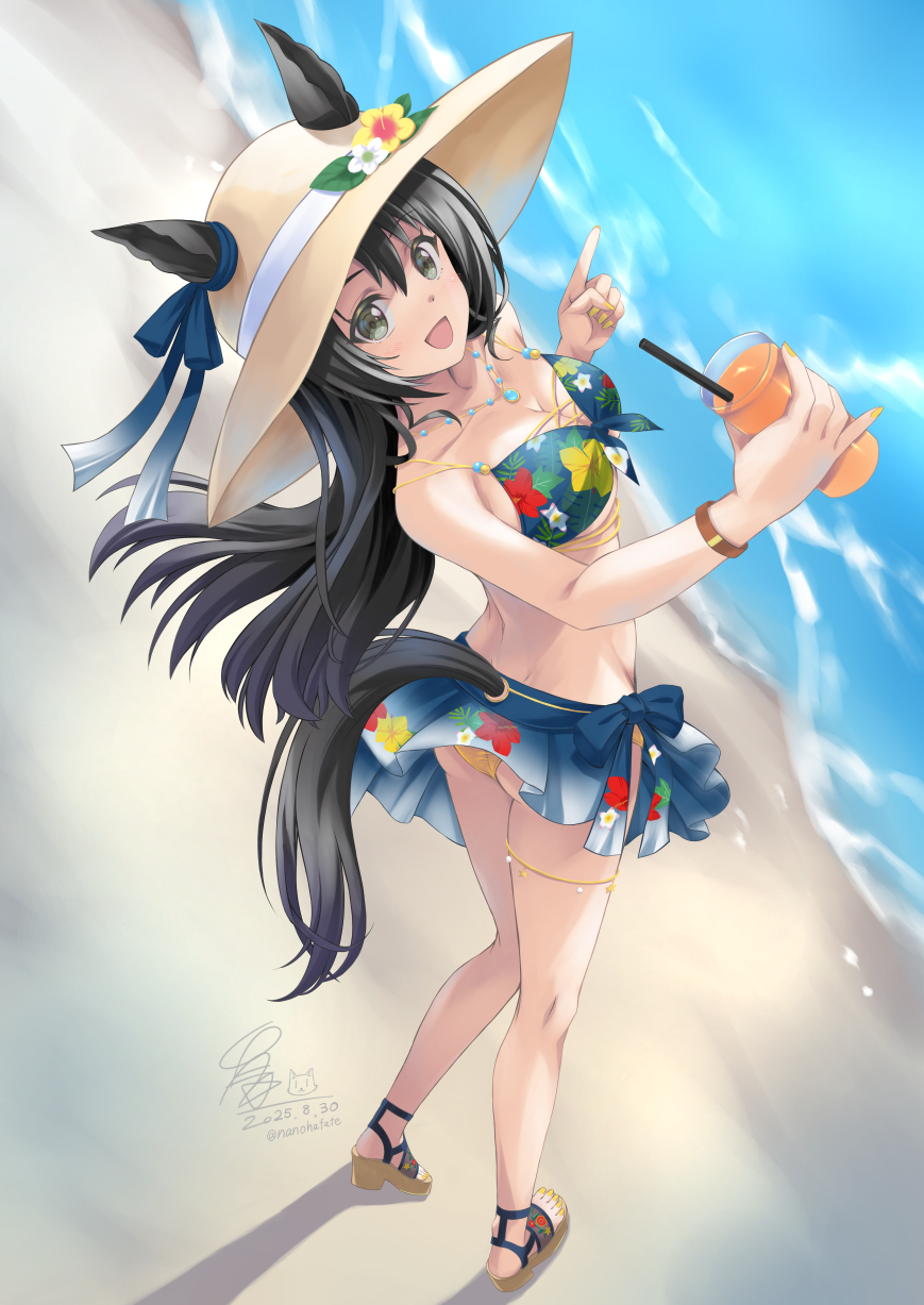 kouzuki hajime, satono crown (sunny island splendor) (umamusume), satono crown (umamusume), umamusume, highres, 1girl, animal ears, bare shoulders, beach, bikini, black hair, blue bikini, blue sarong, blush, breasts, cleavage, cup, ears through headwear, floral print bikini, floral print sarong, flower, green eyes, hair between eyes, hat, hat flower, holding, holding cup, horse ears, horse girl, horse tail, jewelry, kneepits, long hair, looking at viewer, medium breasts, necklace, ocean, official alternate costume, official alternate hairstyle, open mouth, outdoors, sandals, sarong, smile, solo, straw hat, sun hat, swimsuit, tail, water