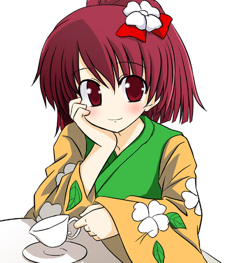 kazami ruku, hieda no akyuu, perfect memento in strict sense, touhou, 1girl, blush, cup, female focus, hair ornament, heida no akyuu, red eyes, red hair, smile, solo, teacup