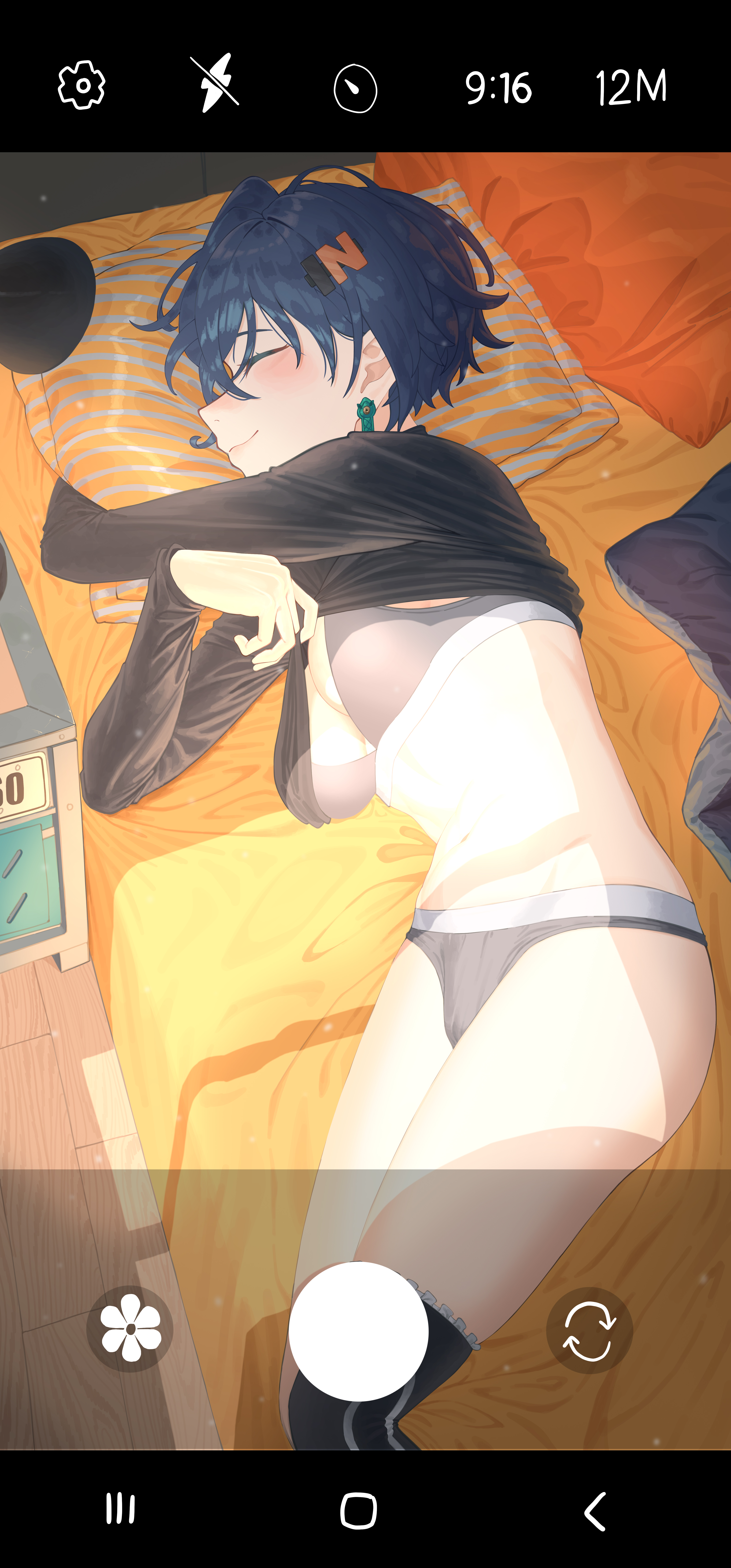 skimun, belle (zenless zone zero), zenless zone zero, absurdres, highres, 1girl, black shirt, black thighhighs, blue hair, blush, bra, breasts, cleavage, closed eyes, closed mouth, earrings, grey bra, grey panties, hair ornament, hairclip, jewelry, lifting own clothes, medium breasts, navel, on bed, panties, pillow, shirt, short hair, single thighhigh, sleeping, smile, sports bra, sports panties, thighhighs, thighs, underwear, viewfinder