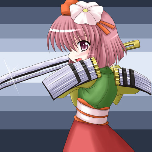 bococho, hieda no akyuu, touhou, eyebrows, lowres, 1girl, blush, female focus, flower, hair flower, hair ornament, heida no akyuu, japanese clothes, long sleeves, open mouth, pink eyes, pink hair, short hair, smile, solo, sword, weapon