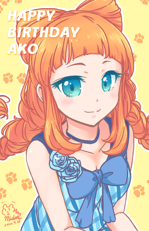 mizuki maya, saotome ako, aikatsu! (series), aikatsu stars!, commentary request, 1girl, bare shoulders, blue choker, blue dress, blue eyes, bow-shaped hair, braid, breasts, character name, choker, cleavage, closed mouth, collarbone, dated, dress, happy birthday, long hair, long sidelocks, looking at viewer, low twin braids, medium breasts, paw print, paw print background, sidelocks, signature, sleeveless, sleeveless dress, smile, solo, twin braids, upper body, yellow background