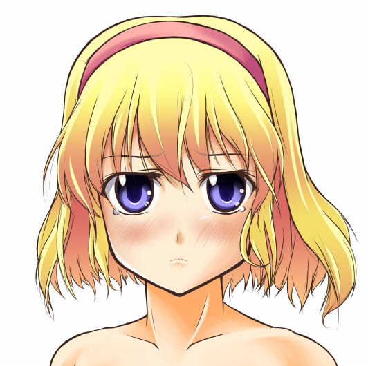 est (kinkyuu kaihi), alice margatroid, touhou, 1girl, blonde hair, blue eyes, blush, collarbone, crying, crying with eyes open, female focus, hairband, nude, sad, short hair, solo, tears