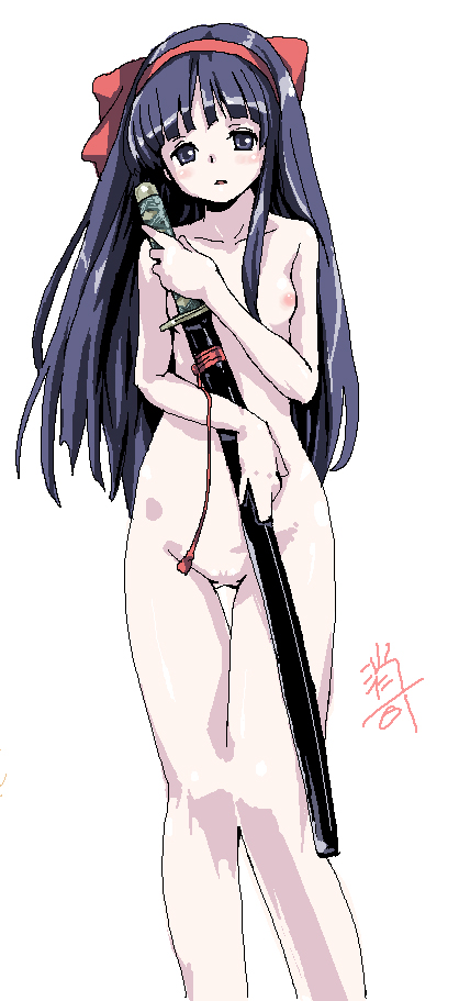 fever-san, nakoruru, samurai spirits, 1girl, bow, breasts, female focus, katana, nipples, nude, red bow, small breasts, solo, sword, uncensored, weapon