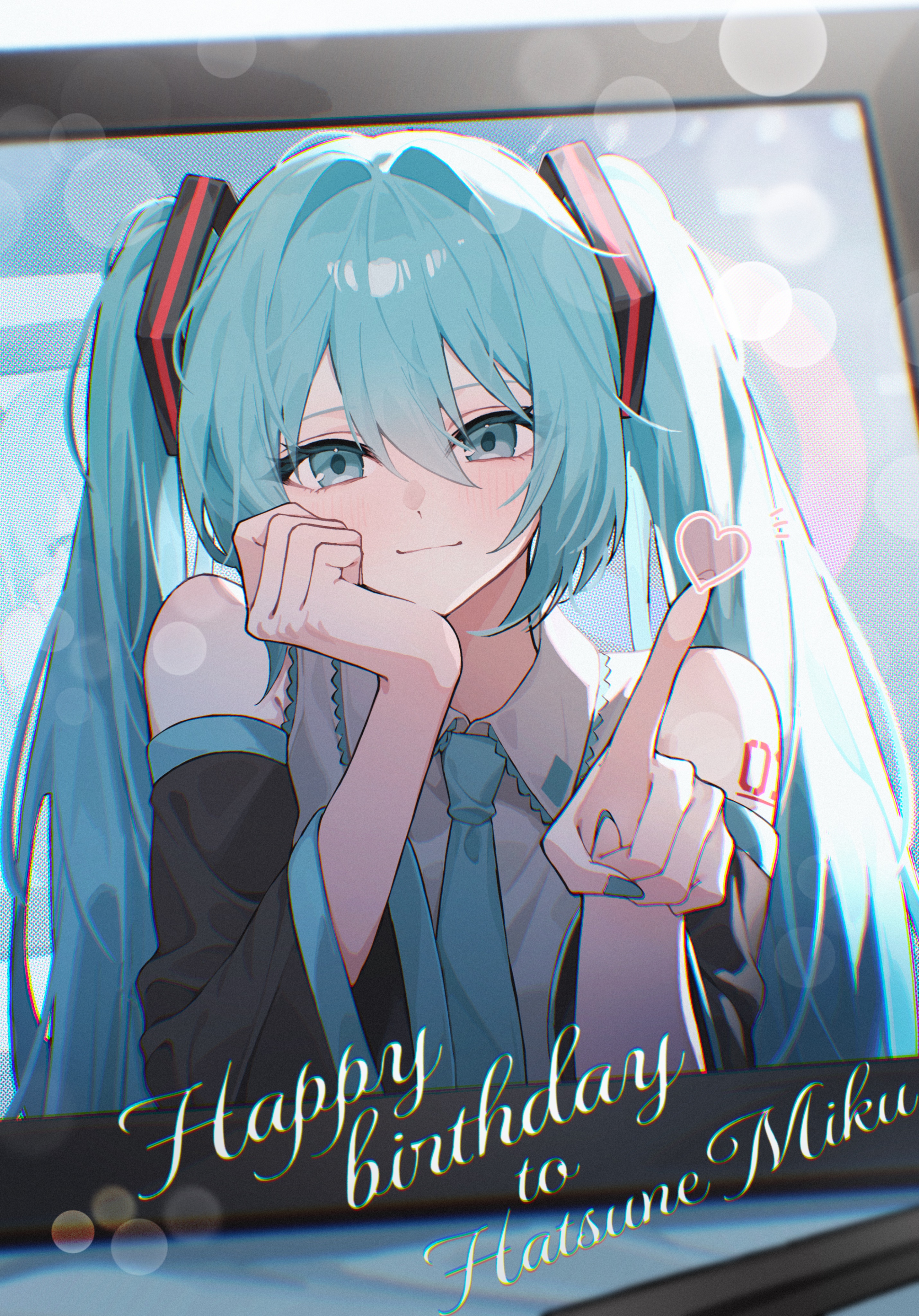 shirohanamame (shiroha nmm), hatsune miku, vocaloid, absurdres, commentary request, highres, 1girl, aqua eyes, aqua hair, aqua nails, aqua necktie, aqua trim, arm rest, bare shoulders, black sleeves, blush, character name, closed mouth, collared shirt, detached sleeves, english text, frilled shirt, frills, grey shirt, hair between eyes, hair ornament, hand on own cheek, hand on own chin, hand on own face, hands up, happy, happy birthday, head on hand, head rest, heart, lens flare, long hair, long sleeves, looking at viewer, nail polish, necktie, number tattoo, pointing, pointing at viewer, shirt, shoulder tattoo, sidelocks, sleeveless, sleeveless shirt, smile, solo, tablet pc, tattoo, through medium, through screen, twintails, upper body, very long hair, wide sleeves