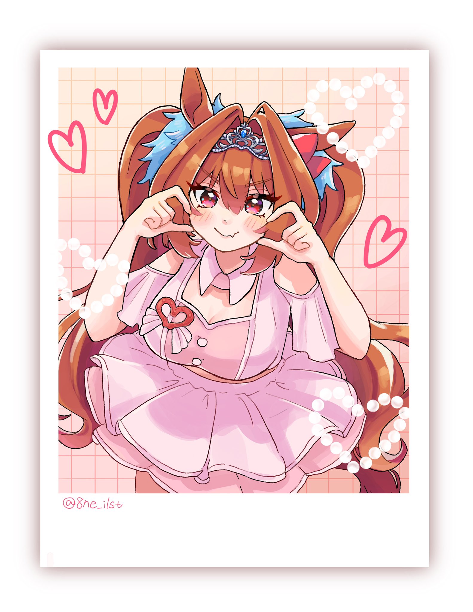 hane (yndyug2), daiwa scarlet (umamusume), umamusume, highres, 1girl, alternate costume, animal ears, bare shoulders, blush, bow, breasts, brown hair, closed mouth, detached collar, ear ornament, fang, hair between eyes, hair intakes, hair ornament, heart, heart hands, horse ears, horse girl, horse tail, large breasts, long hair, looking at viewer, photo (object), pink shirt, pink skirt, red eyes, shirt, skin fang, skirt, smile, solo, tail, tiara, twintails, very long hair