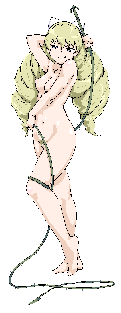 fever-san, rosalie claudel, my-otome, 00s, 1girl, barefoot, breasts, female focus, female pubic hair, full body, legs, navel, nude, pubic hair, simple background, solo, standing, thorns, uncensored, whip, white background