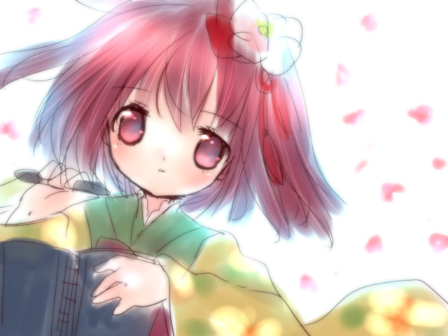 hieda no akyuu, perfect memento in strict sense, touhou, 1girl, book, female focus, flower, heida no akyuu, japanese clothes, kimono, pen, red eyes, red hair, solo