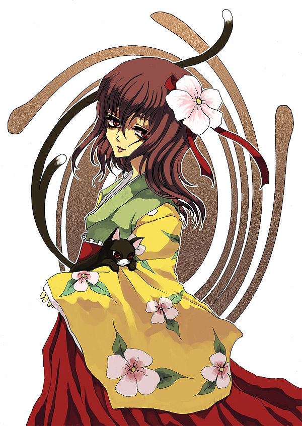 rinka, hieda no akyuu, perfect memento in strict sense, touhou, 1girl, cat, female focus, flower, hair flower, hair ornament, heida no akyuu, japanese clothes, long hair, multiple tails, solo, tail