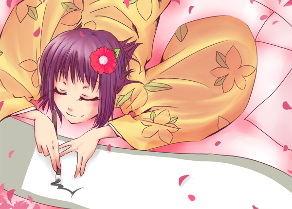 hieda no akyuu, perfect memento in strict sense, touhou, 1girl, closed eyes, closed mouth, female focus, from above, hair ornament, hairpin, heida no akyuu, japanese clothes, long sleeves, lying, on stomach, purple hair, short hair, smile, solo, wide sleeves