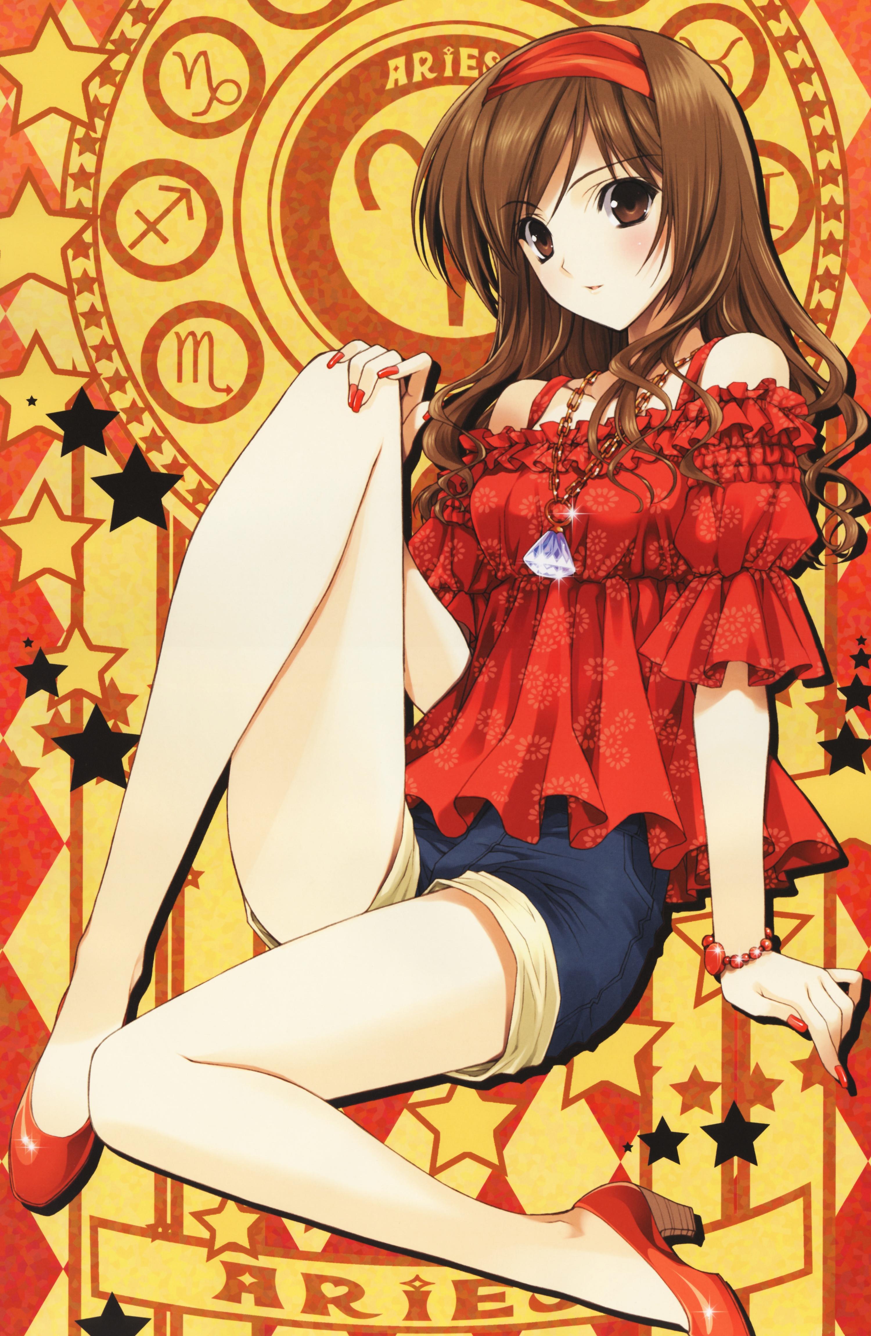 suzuhira hiro, absurdres, highres, 1girl, aries (symbol), aries (zodiac), aries symbol, arm support, bare legs, bare shoulders, bracelet, breasts, brown eyes, brown hair, capricorn (symbol), capricorn symbol, denim, denim shorts, female focus, floral print, frilled shirt, frills, gemini symbol, hairband, heart, high heels, jewelry, legs, long hair, long legs, looking at viewer, matching hair/eyes, medium breasts, nail polish, necklace, pendant, pisces (symbol), red nails, red shoes, sagittarius (symbol), sagittarius symbol, scorpio (symbol), scorpio symbol, shirt, shoes, shorts, solo, star (symbol), taurus (symbol), taurus symbol, thighs, wavy hair, zodiac