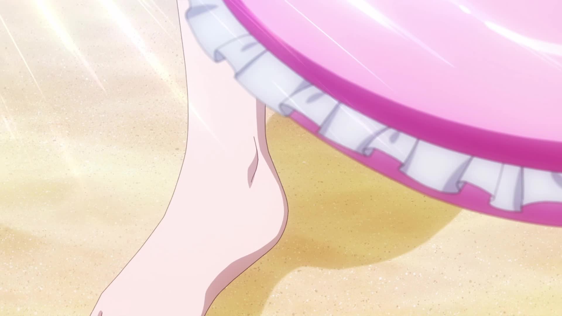 anemone (kizetsu yuusha), ciel (kizetsu yuusha), goa (kizetsu yuusha), toto (kizetsu yuusha), kizetsu yuusha to ansatsu hime, animated, anime screenshot, highres, sound, tagme, video, 1boy, 3girls, arms under breasts, ass, beach, bikini, black hair, blonde hair, blue bikini, blue eyes, blush, breasts, brown hair, cleavage, dimples of venus, ear piercing, feet, flower, frilled bikini, frills, green eyes, hair flower, hair ornament, hair over one eye, hairband, huge breasts, large breasts, lifebuoy, long hair, multiple girls, navel, piercing, purple bikini, red eyes, sand, short hair, sidelocks, stomach, swim ring, swimsuit, thighs, whale tail (clothing), white hair, wide hips, yellow hairband