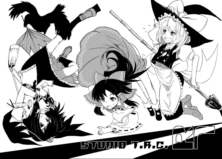 fuzuki yoshihiro, hakurei reimu, kirisame marisa, shameimaru aya, touhou, 3girls, female focus, geta, greyscale, hat, monochrome, multiple girls, tengu-geta