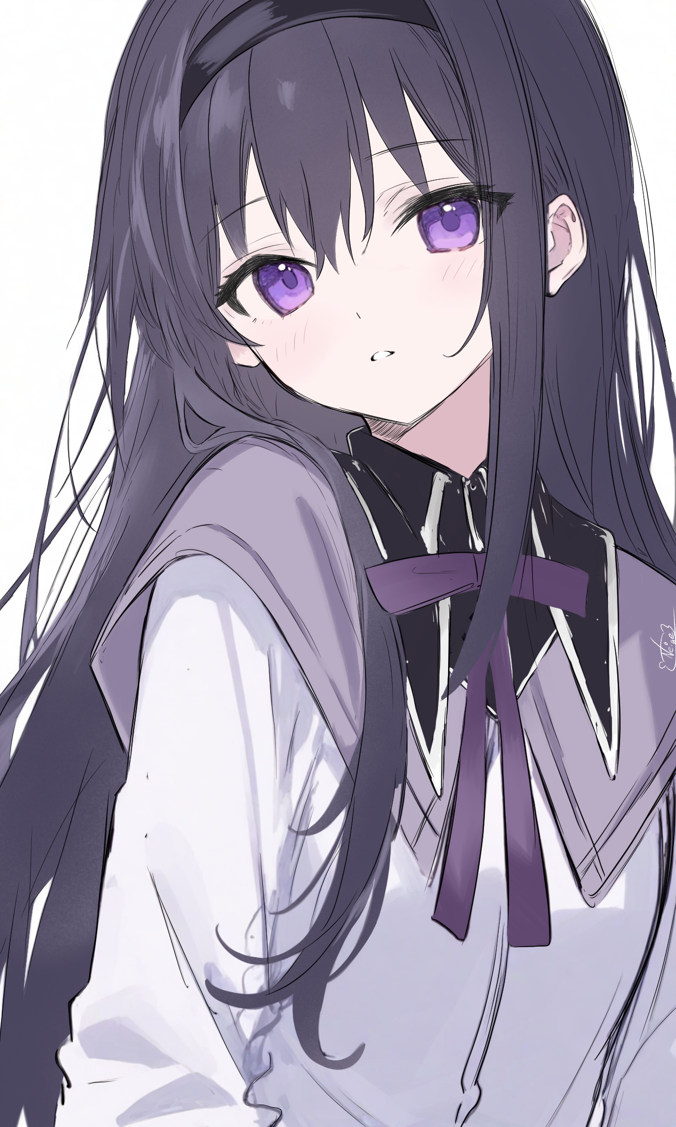 noire neige, akemi homura, mahou shoujo madoka magica, highres, 1girl, black hair, hair between eyes, hairband, long hair, looking at viewer, open mouth, purple eyes, ribbon, simple background, solo, teeth