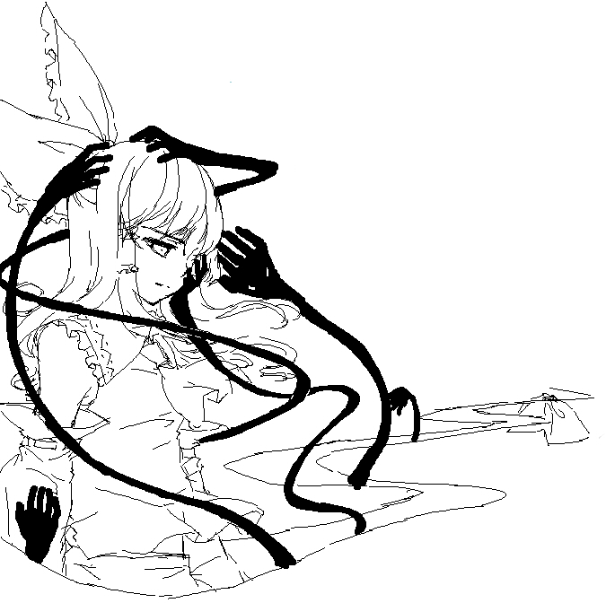 sakuraba yuuki, hakurei reimu, touhou, 1girl, female focus, greyscale, monochrome, oekaki, solo