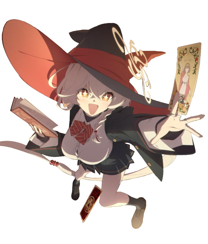 gulim, eri (blue archive), blue archive, official art, book, bow, bowtie, braid, card, halo, hat, holding, holding book, holding card, jacket, long coat, long hair, orange eyes, shirt, skirt, sweater, transparent background, white hair, witch hat