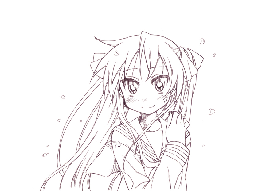 mikami komata, mikami konu, hiiragi kagami, lucky star, 00s, 1girl, female focus, monochrome, petals, purple theme, smile, solo