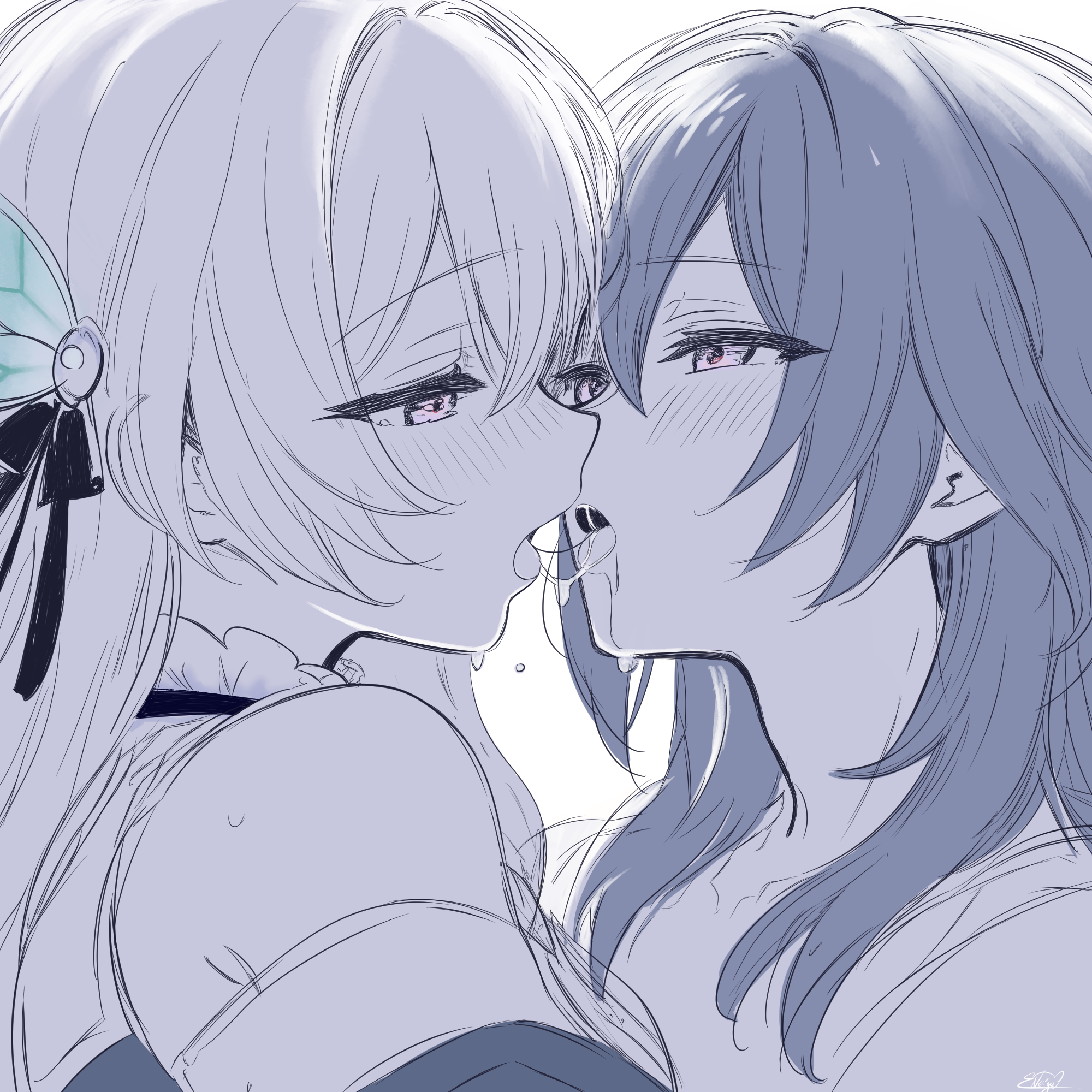 noire neige, firefly (honkai: star rail), stelle (honkai: star rail), trailblazer (honkai: star rail), honkai: star rail, honkai (series), highres, 2girls, kiss, monochrome, multiple girls, saliva, saliva trail, yuri