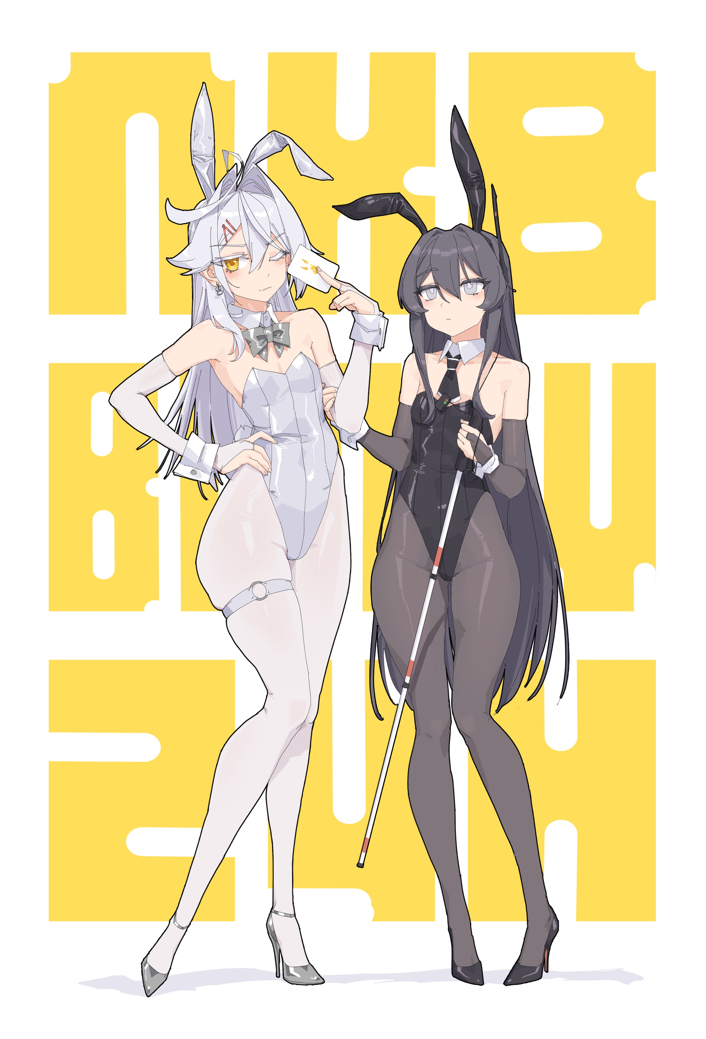stank, original, absurdres, highres, 2girls, ahoge, animal ears, bare shoulders, between fingers, black bridal gauntlets, black hair, black leotard, black necktie, black pantyhose, black shoes, blind, blush, bow, bowtie, breasts, bridal gauntlets, bunny day, cane, card, card between fingers, collar, d'orsay heels, deaf, ear piercing, fake animal ears, grey bow, grey bowtie, grey eyes, hearing aid, high heels, holding, holding another's arm, holding cane, holding card, leotard, long hair, multiple girls, necktie, one eye closed, pantyhose, piercing, playboy bunny, rabbit ears, rabbit tail, radio antenna, shoes, skindentation, small breasts, smile, strappy heels, tail, thigh strap, very long hair, white bridal gauntlets, white collar, white hair, white leotard, white pantyhose, white shoes, white wrist cuffs, wrist cuffs, yellow eyes