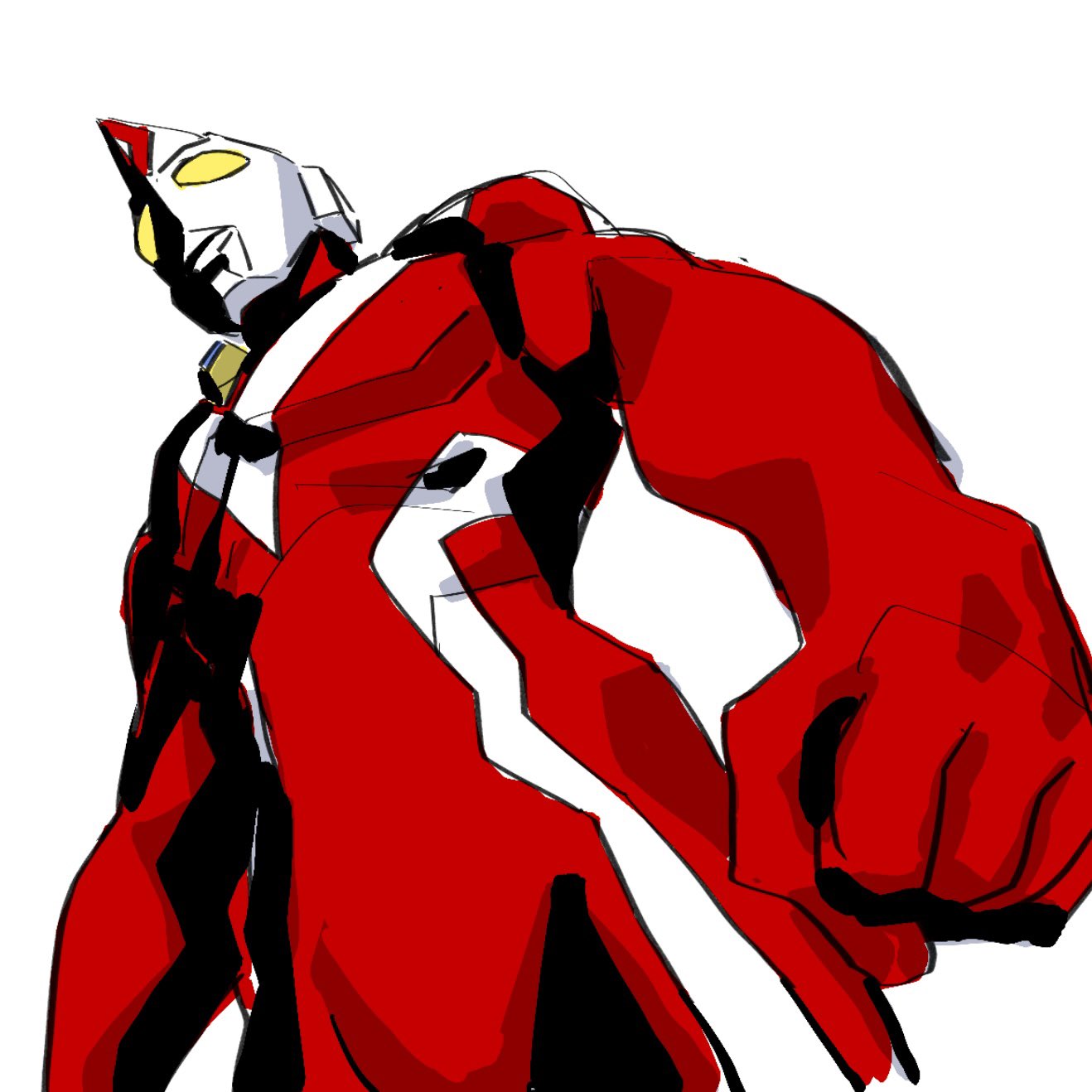 atsynd, ultraman dyna, ultraman dyna (miracle type), ultra series, ultraman dyna (series), highres, 1boy, alien, clenched hand, colored skin, foreshortening, looking up, muscular, red skin, white background, yellow eyes