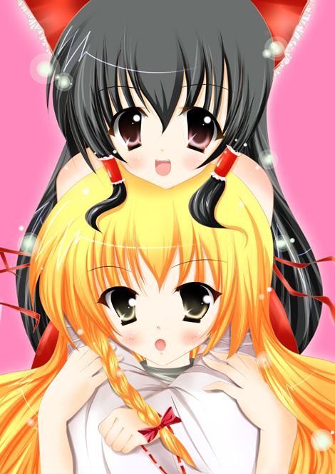 rika-tan (rikatantan), hakurei reimu, kirisame marisa, touhou, bad id, bad pixiv id, 2girls, :d, :o, black hair, blonde hair, braid, brown eyes, detached sleeves, female focus, hair bobbles, hair ornament, hair tubes, long sleeves, looking at viewer, multiple girls, open mouth, pink background, sidelocks, simple background, single braid, smile