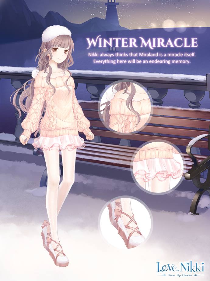 miracle nikki, nikki (series), artist request, official art, 1girl, bare shoulders, bench, beret, blunt bangs, bow, bra strap, brown eyes, brown hair, character name, close-up, closed mouth, copyright name, cross-laced shoes, dot nose, english text, footwear bow, full body, fur hat, hair ornament, hat, light blush, light particles, lighthouse, logo, long hair, long sleeves, looking at viewer, miniskirt, mountain, ocean, off-shoulder sweater, off shoulder, outdoors, pantyhose, pink bow, pink sweater, pleated skirt, pom pom (clothes), pom pom hair ornament, puffy long sleeves, puffy sleeves, see-through pantyhose, shoes, sidelocks, skirt, sleeves past wrists, smile, snow, solo, standing, sweater, twilight, wavy hair, white hat, white pantyhose, white shoes, white skirt, winter, winter miracle (miracle nikki)