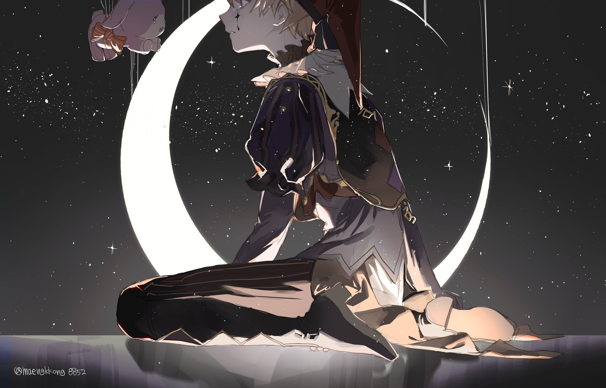 maengkkong8852, tenma tsukasa, project sekai, highres, 1boy, black pants, blonde hair, crescent moon, flower, from side, hat, jester, long sleeves, male focus, moon, night, night sky, official alternate costume, pants, parted lips, puffy sleeves, short hair, sitting, sky, solo, star (sky), star sky, starry sky, stuffed bunny (project sekai), ten no hate no phoenix e (project sekai), twitter username, wariza