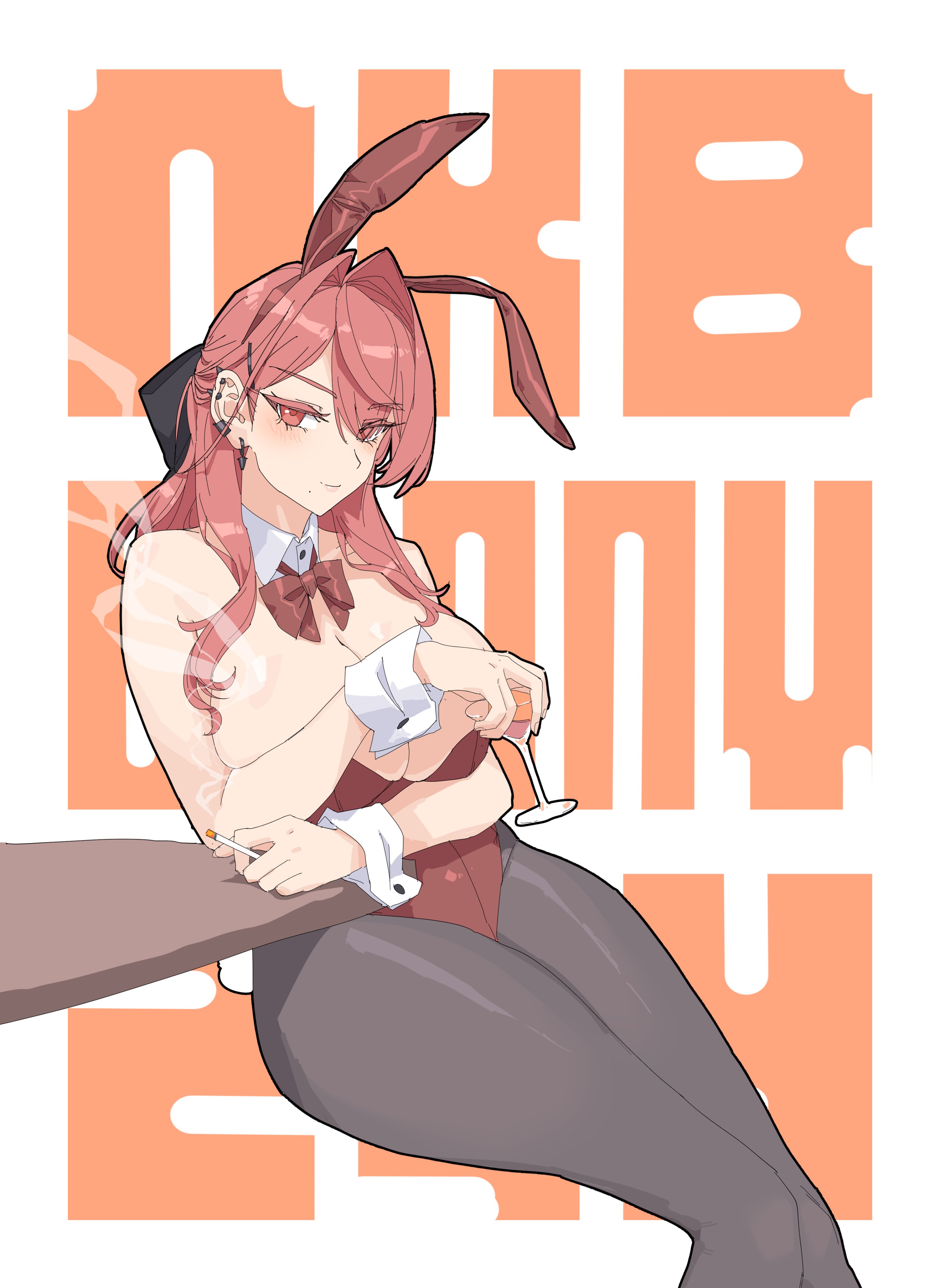 stank, original, absurdres, highres, 1girl, alcohol, animal ears, bare shoulders, black bow, black pantyhose, blush, bow, bowtie, breasts, bunny day, cigarette, cleavage, cocktail glass, collar, cup, drinking glass, fake animal ears, hair bow, holding, holding cup, large breasts, leotard, looking at viewer, pantyhose, playboy bunny, rabbit ears, rabbit tail, red bow, red bowtie, red eyes, red hair, red leotard, simple background, smoke, tail, white collar, white wrist cuffs, wrist cuffs
