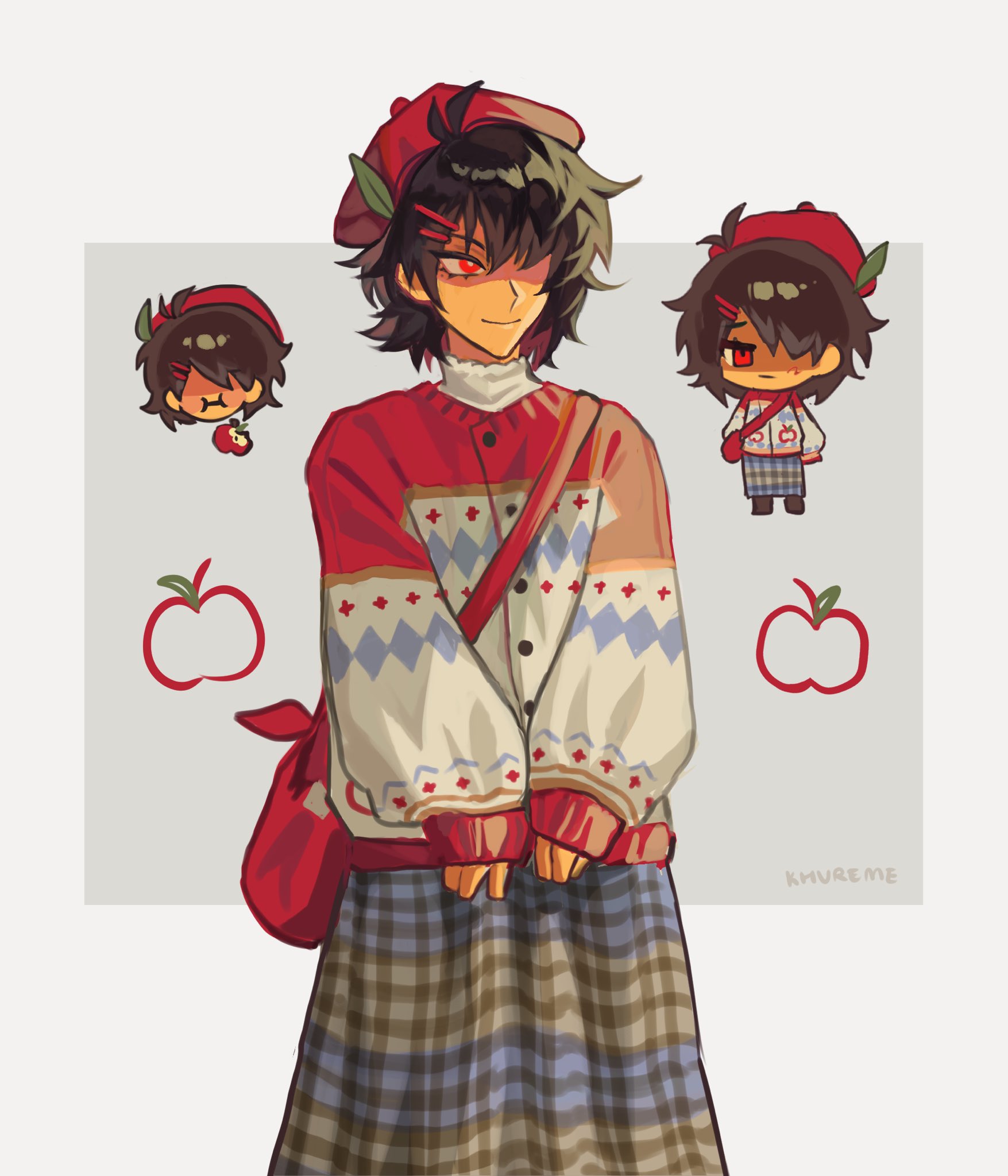 kris (deltarune), deltarune, utdr (toby fox), highres, 1other, alternate costume, apple, beret, brown hair, cardigan, chibi, chibi inset, closed mouth, colored skin, eyelashes, food, fruit, hair ornament, hairclip, hat, hat ornament, khureme, leaf hat ornament, red eyes, red hair, skirt, smile, sweater, yellow skin