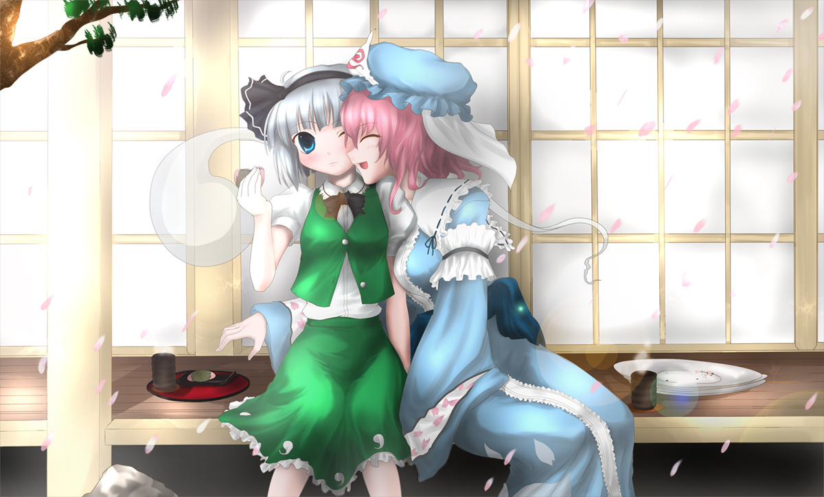 minatsuki randoseru, konpaku youmu, konpaku youmu (ghost), saigyouji yuyuko, touhou, silver hair, 2girls, blue eyes, bow, cherry blossoms, closed eyes, drink, female focus, food, hairband, hat, hitodama, mochi, multiple girls, one eye closed, pink hair, plate, short hair, sitting, skirt, smile, tea, tray, tree, veranda, wagashi, wink, yuri