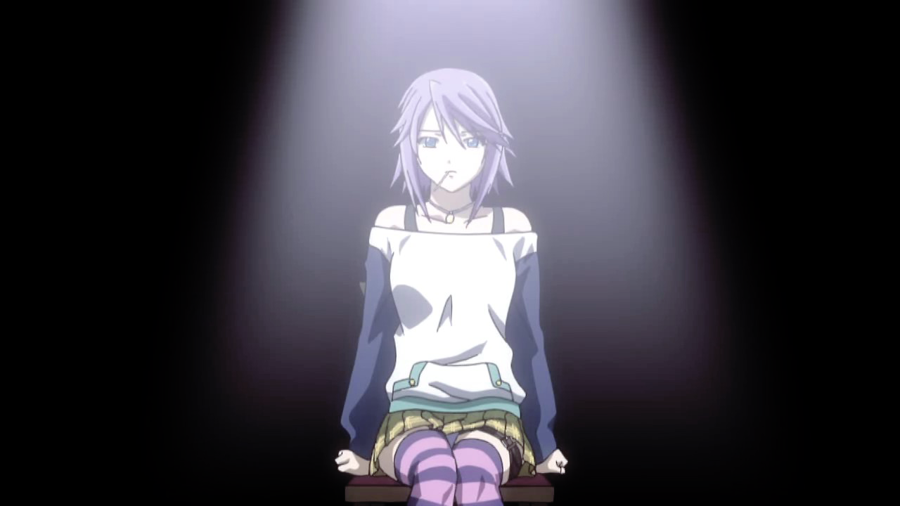 shirayuki mizore, rosario+vampire, screencap, 00s, miniskirt, purple hair, short hair, skirt, thighhighs, upskirt